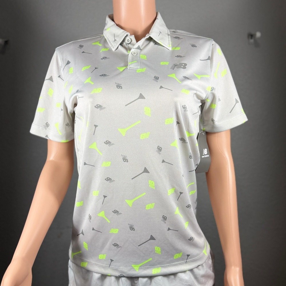 New Balance Girls Golf Polo Shirt L 14/16 Gray Neon Yellow NWT